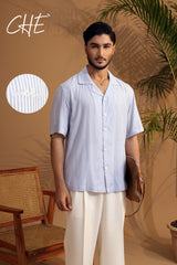 Men Relaxed Cuban Collar Linen Striped Oversized Casual Shirt